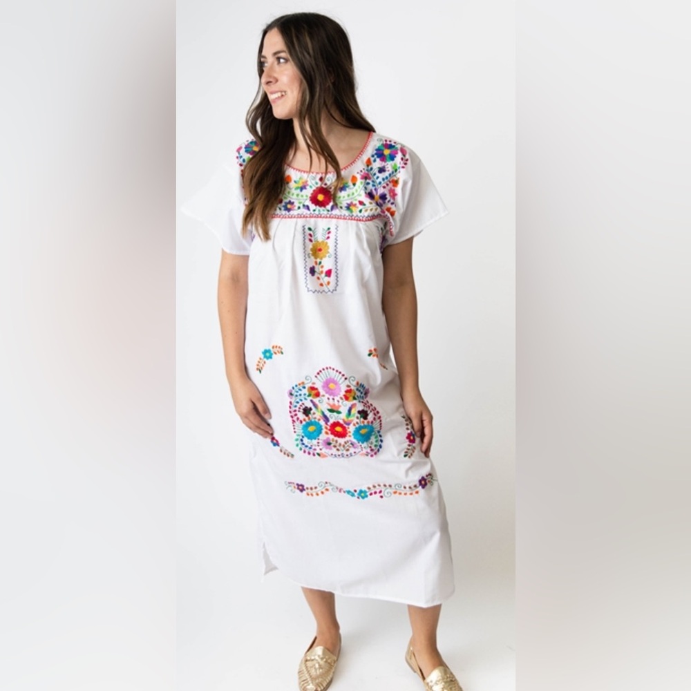Handmade Mexican Embroidered Dress Traditional Floral White Red Pink Blue Yellow